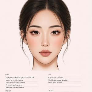 Peut inclure: Un tableau de visage édition K-Beauty présentant une illustration numérique d'une personne aux cheveux foncés maquillée. Le texte énumère les étapes de maquillage pour les yeux, les lèvres, le teint, les sourcils et les joues avec des détails.