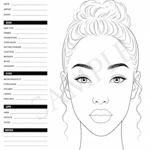 May include: A black and white makeup face chart for dark skin and melanin beauty. The document features a line drawing of a face with a high bun hairstyle and a detailed list of fields for client information, skin, eyes, lips, and notes.