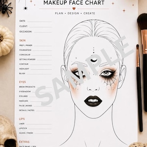 May include: A white Halloween makeup face chart featuring a line drawing of a face with spiderweb eye makeup, dark lips, and a crescent moon forehead symbol. The sheet includes sections for date, client, occasion, skin, eyes, lips, and extras.