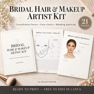 May include: A bridal hair and makeup artist kit featuring 21 pages of consultation forms, face charts, and wedding planning templates. The documents include a cover page, a face chart with lip diagrams, and a bridal makeup reference sheet.