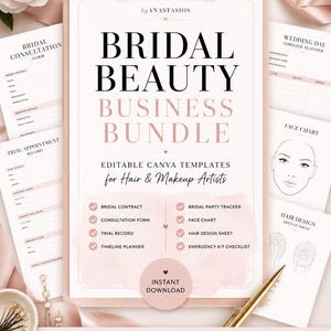 Plantilla de tabla de maquillaje nupcial lista para imprimir, maquillaje de cabello, planificación de bodas, kit de maquillaje, escuela de cosmetología. Escuela de belleza, kit de maquillador.