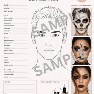 May include: A Halloween makeup face chart featuring a central line drawing of a face, sections for product details like skin, eyes, and lips, and three photographic examples of finished looks including a skull, celestial, and injury makeup designs.