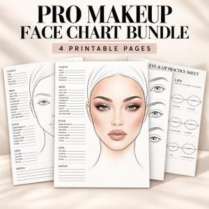 Puede incluir: Un paquete de plantillas de maquillaje profesional con cuatro páginas imprimibles. Las hojas incluyen secciones detalladas para información del cliente, piel, ojos y labios, con una ilustración central de un rostro y diagramas de práctica.