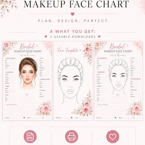 May include: A digital bridal makeup face chart set featuring three templates with pink floral accents. The charts include sections for client information, skin prep, contour, highlight, and makeup notes, with one template showing a coloured face illustration.