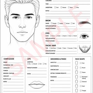 May include: A black and white male face chart for skincare, grooming, and makeup. The document includes a line drawing of a face, sections for skin analysis, brow, eye, and facial hair details, plus fields for complexion, lips, and face shape.