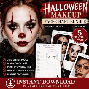 May include: A Halloween makeup face chart bundle featuring 5 printable pages, including 3 reference looks, a blank face chart, and a planning worksheet. The text includes HALLOWEEN MAKEUP FACE CHART BUNDLE, CLOWN, SUGAR SKULL, SFX SCAR, and INSTANT DOWNLOAD.