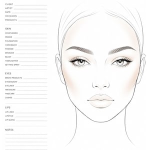 Può includere: Un modello professionale di scheda viso per trucco con un disegno a linee in bianco e nero di un volto sulla destra e un elenco di categorie di trucco sulla sinistra, tra cui cliente, artista, data, occasione, prodotti, pelle, occhi, labbra e note.