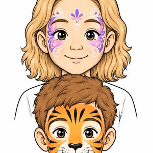 May include: A digital illustration of two individuals with face paint. The top individual has blonde hair and purple butterfly-themed face paint. The bottom individual has brown hair and orange tiger-themed face paint with black stripes.