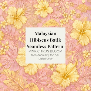 Könnte beinhalten: Ein digitales nahtloses Muster mit gelben Hibiskusblüten und tropischen Blättern auf rosa Hintergrund. Der zentrale Text lautet: Malaysian Hibiscus Batik Seamless Pattern, PINK CITRUS BLOOM, 3600x3600 PX | 300 DPI, Digital Copy.