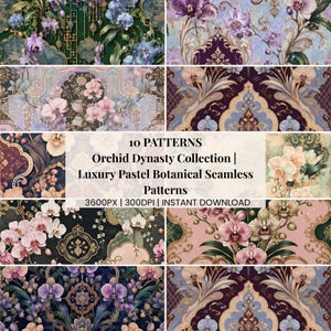 Pode incluir: Uma coleção digital de 10 padrões sem costura intitulada Orchid Dynasty Collection, apresentando designs botânicos pastel de luxo com orquídeas e elementos decorativos ornamentados, 3600px, 300dpi, download instantâneo, em grade.