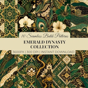 Puede incluir: Una colección digital de 10 patrones batik sin costuras titulada Emerald Dynasty Collection. Los diseños presentan paletas de colores verde esmeralda, negro y dorado con motivos florales, geométricos y de plumas de pavo real. Texto 3600px 300 dpi.