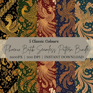 Può includere: Un pacchetto digitale di cinque motivi continui con fenici dorate su sfondi nero, verde, rosso, blu scuro e verde acqua. L'immagine include il testo 5 Classic Colours, Phoenix Batik Seamless Pattern Bundle, 3600PX | 300 DPI | INSTANT DOWNLOAD.