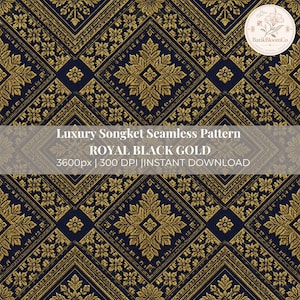 Könnte beinhalten: Ein nahtloses digitales Muster mit dunkelblauem Hintergrund und komplizierten goldenen Blumen- und geometrischen Rautenmotiven. Der Text lautet Luxury Songket Seamless Pattern ROYAL BLACK GOLD 3600px 300 DPI INSTANT DOWNLOAD.