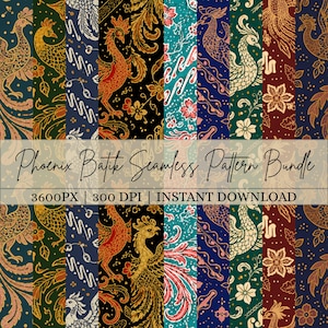 May include: A digital collection of seamless batik patterns featuring phoenix motifs and floral elements in various color palettes including teal, navy, black, and deep red. The text reads Phoenix Batik Seamless Pattern Bundle 3600PX | 300 DPI | INSTANT DOWNLOAD.