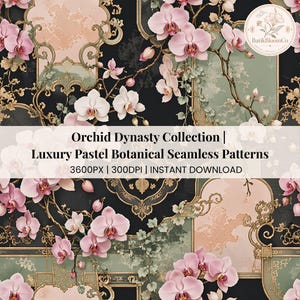 Może przedstawiać: Bezszwowy wzór cyfrowy z różowymi storczykami i misternymi złotymi ramkami na czarnym tle. Tekst brzmi: Orchid Dynasty Collection | Luxury Pastel Botanical Seamless Patterns | 3600PX | 300DPI | INSTANT DOWNLOAD.