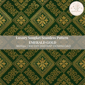 Luxury Emerald Gold Songket Seamless Pattern | Batik Digital Paper | Heritage Textile Design