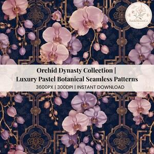 Może przedstawiać: Bezszwowy wzór cyfrowy z jasnoróżowymi i lawendowymi storczykami na ciemnogranatowym tle ze złotymi geometrycznymi liniami kratownicy. Tekst brzmi: Orchid Dynasty Collection | Luxury Pastel Botanical Seamless Patterns 3600PX | 300DPI | INSTANT DOWNLOAD.