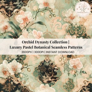 May include: A seamless digital pattern featuring white and peach orchids, ornate gold filigree frames, and dark pagoda silhouettes on a soft sage green background. Text reads: Orchid Dynasty Collection | Luxury Pastel Botanical Seamless Patterns.