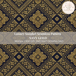 May include: A seamless digital pattern featuring a navy blue background with intricate gold floral and geometric diamond motifs. The image includes the text: Luxury Songket Seamless Pattern, NAVY GOLD, 3600px | 300 DPI | INSTANT DOWNLOAD.