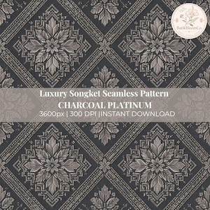 May include: A seamless digital pattern featuring a charcoal and platinum colour palette with a repeating diamond motif. The design includes intricate floral and geometric elements, with text reading Luxury Songket Seamless Pattern CHARCOAL PLATINUM 3600px | 300 DPI | INSTANT DOWNLOAD and a BatikBloomCo logo.
