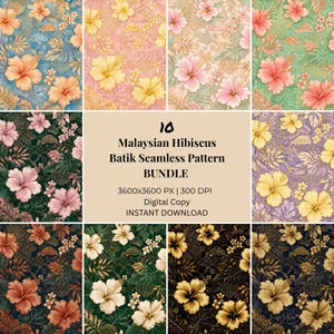 Op de afbeelding: Een digitaal pakket van 10 naadloze Maleisische hibiscus batikpatronen met bloemmotieven in verschillende kleurenpaletten. De centrale tekst luidt: 10 Malaysian Hibiscus Batik Seamless Pattern BUNDLE, 3600x3600 PX | 300 DPI, Digital Copy, INSTANT DOWNLOAD.