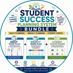 May include: A circular graphic titled Student Success Planning System Bundle. It features three sections: Daily Work Plan, Weekly Work Plan, and Student Choice Board. The design includes icons, text, and a color palette of blue, green, and yellow.