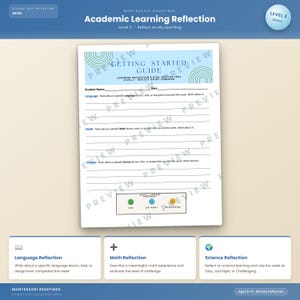 May include: A white academic learning reflection worksheet titled Getting Started Guide with sections for Language, Math, and Science. The page includes lined spaces for writing and a bottom section with three circular emoji faces labeled Easy, Just Right, and Challenging.