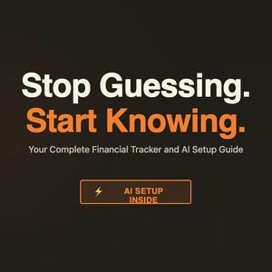 May include: A dark background featuring the white text Stop Guessing. and orange text Start Knowing. Below this, the text reads Your Complete Financial Tracker and AI Setup Guide. A rectangular button contains a lightning bolt icon and AI SETUP INSIDE.