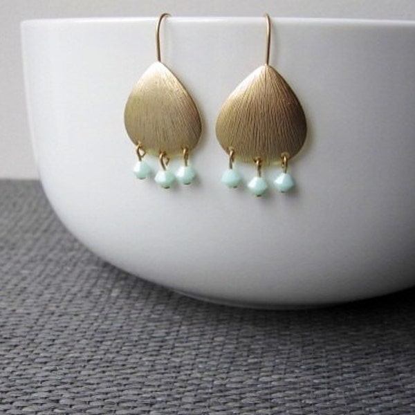 Mint Scallop... Gold plated textured scallop hook earring adorned with mint alabaster Swarovski bicone crystals.