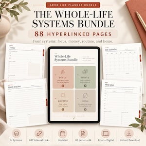 Pode incluir: Um pacote de planejador de vida para TDAH com 88 páginas com hiperlinks para quatro sistemas: foco, dinheiro, rotina e casa. A tela digital mostra um menu com quatro quadrados coloridos rotulados como Focus, Money, Routine e Home, cercado por exemplos de páginas como um calendário de contas, rastreador de hábitos e plano de refeições.
