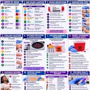May include: A phlebotomy wall reference poster pack featuring 12 educational sections on blood collection procedures, including order of draw, tube colors, patient identification, venipuncture steps, specimen handling, and safety protocols.