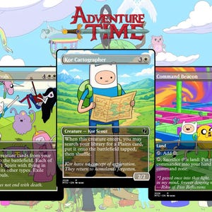 May include: Three Adventure Time themed Magic: The Gathering trading cards titled Storm of Souls, Kor Cartographer, and Command Beacon. Each card features colorful cartoon illustrations of characters like Finn and Jake set against vibrant, detailed backgrounds.