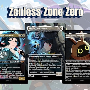 May include: Three trading cards titled Zenless Zone Zero featuring character illustrations. The cards are Jane, Master Infiltrator, Miyabi, Void Hunter, and Eous, Proxy Bangboo, each displaying detailed game text, power, and toughness stats.