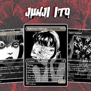 May include: Three black and white trading cards featuring Junji Ito artwork. The cards are titled Phyrexian Arena, Righteous Valkyrie, and Esper Sentinel. Each card displays detailed horror-themed illustrations, game text, and stats.