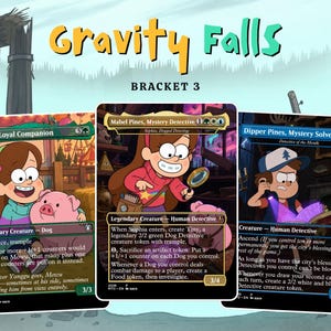 May include: Three Gravity Falls themed trading cards titled Mowu, Loyal Companion, Mabel Pines, Mystery Detective, and Dipper Pines, Mystery Solver. Each card features colorful character illustrations, game text, and stats against a light background.