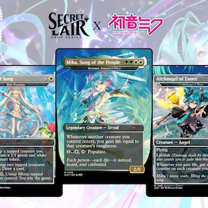 May include: Three Magic: The Gathering Secret Lair x Hatsune Miku trading cards featuring anime-style illustrations of the character with teal hair. The cards are titled Cascade of Song, Miku, Song of the People, and Archangel of Tunes with text.