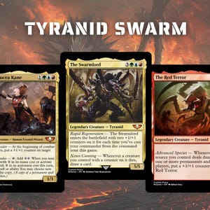 May include: Three Magic: The Gathering trading cards titled Magus Lucea Kane, The Swarmlord, and The Red Terror are displayed against a fiery background with the text TYRANID SWARM at the top. Each card features detailed creature illustrations.