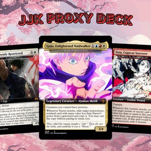 May include: A set of three custom trading cards titled JJK PROXY DECK, featuring anime-style character illustrations. The cards are labeled Maki, Heavenly Restricted, Gojo, Enlightened Voidwalker, and Yuta, Copycat Sorcerer, with detailed text.