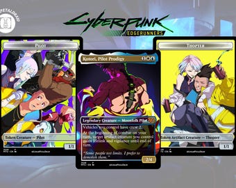 May include: Three Cyberpunk Edgerunners themed trading cards featuring anime-style illustrations. The left card is a Pilot token, the center is Kotori, Pilot Prodigy, and the right is a Thopter token. Each card displays character art, text, and game stats.