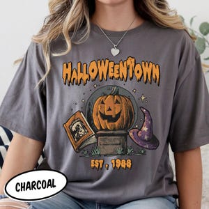 May include: A charcoal gray short-sleeve t-shirt featuring a graphic print with the text HALLOWEENTOWN and EST. 1988. The design includes a carved jack-o'-lantern on a stone pedestal, an open book, and a purple witch hat with white stars.