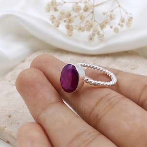Pink Ruby Ring, 925 Sterling Silver Twisted Rope Band, Oval Gemstone Stacking Ring, Handmade Bezel Set Ring, July Birthstone Gift for Her
