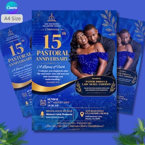 Mall för jubileumsflyer för pastor, Canva-mall för kyrkans jubileumsprogram, flygblad för uppskattning av pastor, flygblad för kyrkligt evenemang,