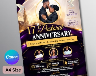 Plantilla de folleto de aniversario pastoral, programa de aniversario de la iglesia, folleto de celebración del pastor y la primera dama, plantilla editable de Canva,