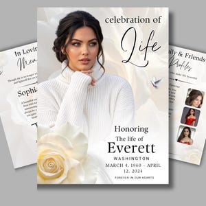 Puede incluir: Una plantilla de programa funerario con el retrato de una persona con suéter de cuello alto blanco, una rosa blanca grande y una paloma volando. El texto incluye celebration of Life, Honoring The life of Everett WASHINGTON 4 MARZO 1960 – 12 ABRIL 2024.