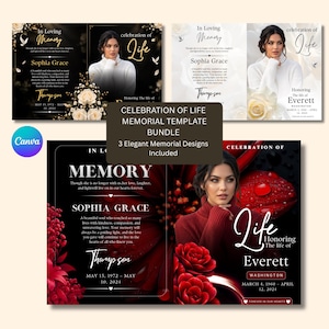 Op de afbeelding: Een digitaal herdenkingssjabloonpakket met drie verschillende ontwerpen voor een viering van het leven. Elke lay-out bevat ruimte voor een foto, de naam Sophia Grace of Everett, data en de tekst In Loving Memory en Celebration of Life.