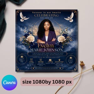 May include: A square funeral program template featuring a portrait of a person in a purple blazer, surrounded by white roses, blue flowers, and two white doves against a dark blue cloudy sky. Text includes "forever in our hearts" and "Evelyn MARIE JOHNSON".