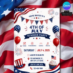 Pode incluir: Um folheto de convite para uma festa de verão de 4 de julho com balões, bandeirolas e uma cartola em vermelho, branco e azul. O texto inclui: You're invited to a 4th of July summer party, Saturday July 4, 2025, 4:00 PM to 10:00 PM, 123 Anywhere St.