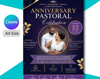 Szablon ulotki z okazji rocznicy duszpasterstwa, edytowalny w Canva | Program podziękowań dla pastorów | Ulotka z okazji rocznicy kościoła | Zaproszenie na wydarzenie kościelne