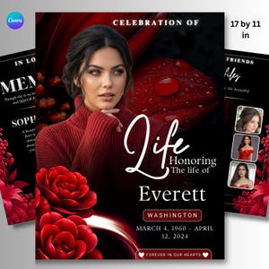 Può includere: Un modello di programma funebre di 43,18 per 27,94 cm con il ritratto di una persona in maglione rosso, fiori di camelia rossi e il testo Celebration of Life Honoring the life of Everett, March 4, 1960 – April 12, 2024.