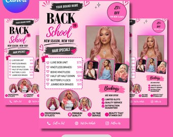 Back to School Hair Salon Flyer Canva Template | Hair Specials Price List | Hairstylist Promo Flyer | Beauty Salon Social Media Post